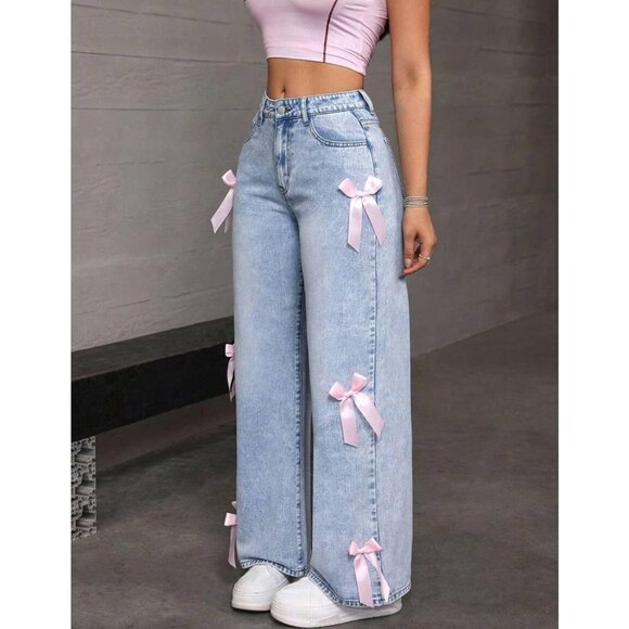 Baggy Women's Jeans High Waist Straight Leg Bow Design Casual Pants - Picture 3 of 5